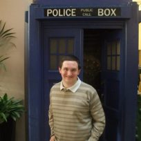Tim Bradley standing outside the TARDIS at 'Dimensions 2015', Newcastle, October 2015