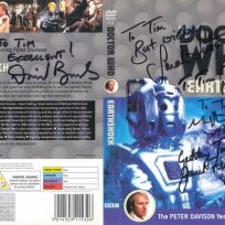 Tim Bradley's DVD cover of 'Earthshock' signed by Peter Davison, Janet Fielding, Sarah Sutton, Matthew Waterhouse and David Banks