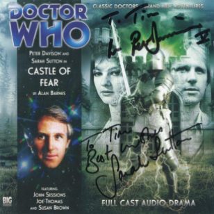 Tim Bradley's CD cover of 'Castle of Fear' signed by Peter Davison and Sarah Sutton