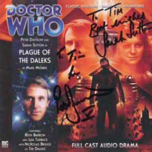 Tim Bradley's CD cover of 'Plague of the Daleks' signed by Peter Davison and Sarah Sutton