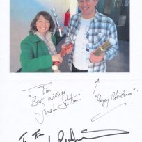 Tim Bradley's Christmas photo of Sarah Sutton and Peter Davison signed by Sarah Sutton and Peter Davison