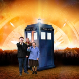Tim Bradley with Mum and Dad outside the TARDIS, 'Doctor Who Experience', April 2017