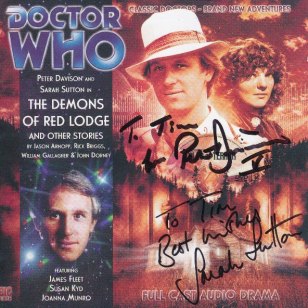 Tim Bradley's CD cover of 'The Demons of Red Lodge and Other Stories' signed by Peter Davison and Sarah Sutton