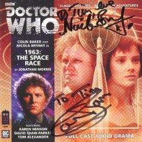 Tim Bradley's CD cover of '1963: The Space Race' signed by Colin Baker and Nicola Bryant