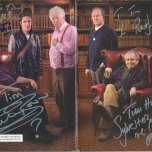 Tim Bradley's booklet photo of the Doctors in 'The Light at the End' signed by Peter Davison, Colin Baker, Sylvester McCoy and Paul McGann