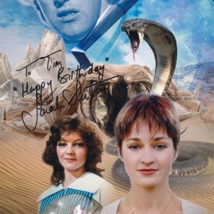 Tim Bradley's photo of Nyssa and Tegan and the Fifth Doctor in ‘Snakedance’ signed with ‘Happy Birthday’ by Sarah Sutton