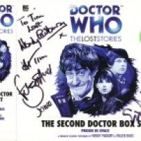 Tim Bradley's CD box set cover of 'The Second Doctor Box Set' signed by Frazer Hines, Wendy Padbury and writer Simon Guerrier