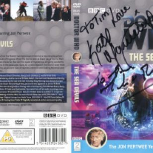 Tim Bradley's DVD cover of 'The Sea Devils' signed by Katy Manning and director Michael E. Briant