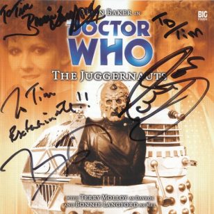 Tim Bradley's CD cover of 'The Juggernauts' signed by Colin Baker; Bonnie Langford and Terry Molloy