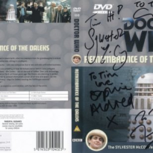 Tim Bradley's DVD cover of 'Remembrance of the Daleks' signed by Sylvester McCoy, Sophie Aldred, Terry Molloy and script-editor Andrew Cartmel
