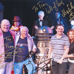 Tim Bradley with Colin Baker, Terry Molloy and Nicola Bryant at 'Time Warp', Weston-super-Mare, July 2014