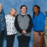 Colin Baker, Jodie Whittaker, Tim Bradley, Jo Martin and Sylvester McCoy at 'Collectormania 27 – Film & Comic Con Birmingham' at the NEC in September 2022