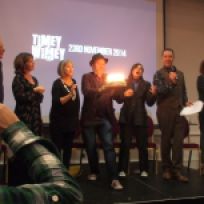 John Leeson, Sarah Sutton, Wendy Padbury, Toby Hadoke, Sophie Aldred, Matt Evenden and Louise Jameson at 'Timey-Wimey 1', Brighton, November 2014